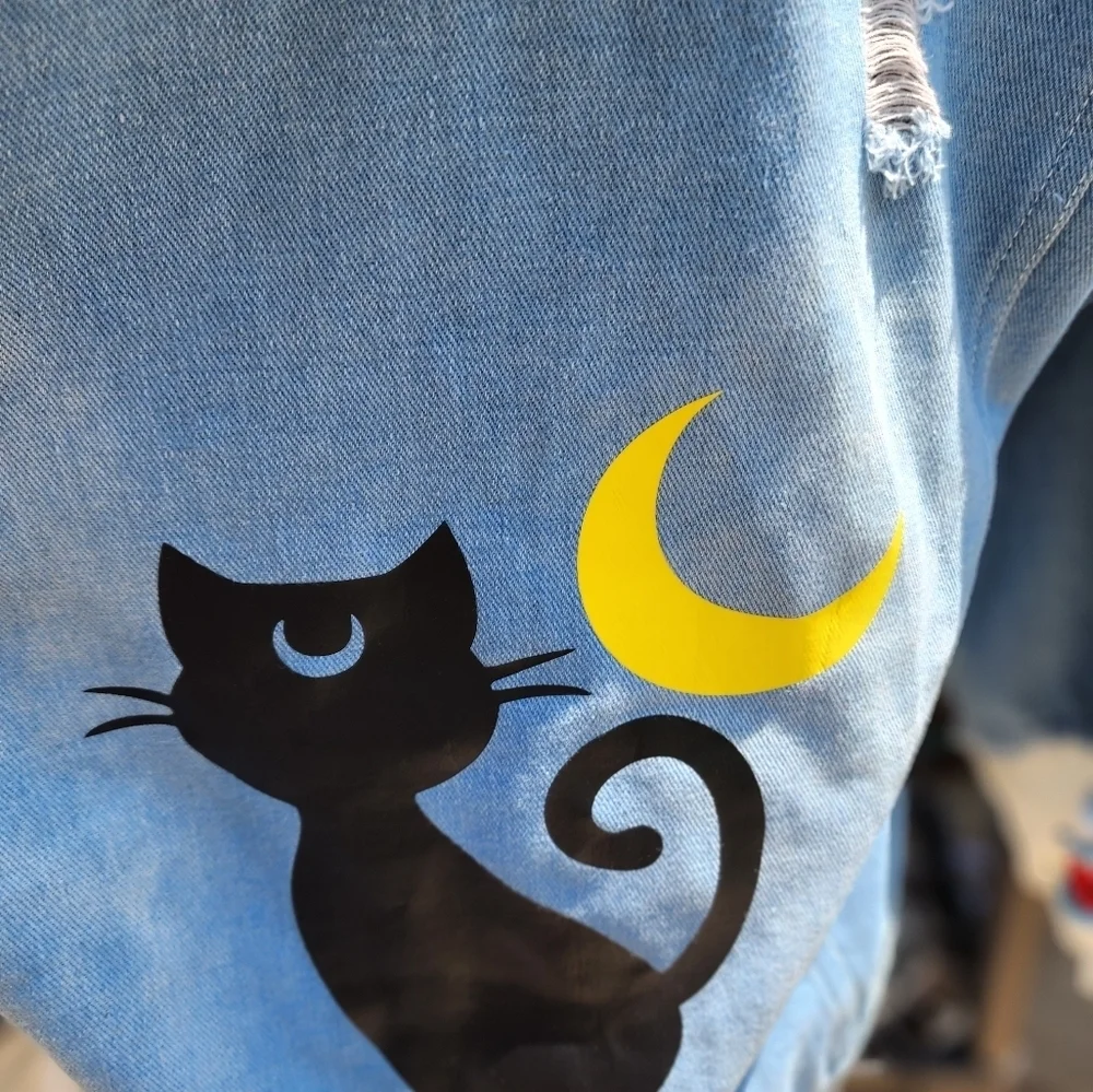 Cat Denim punk hoodie  jacket‎ L